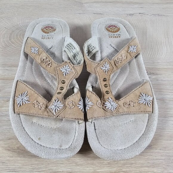 Earth Spirit Womens Sandals Suede Leather Tan Embellished Boho Casual Size 8 - Picture 3 of 12